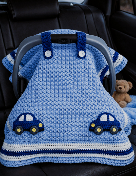 Crochet baby car seat blanket with handle opening and button straps, practical and safe design for infant travel