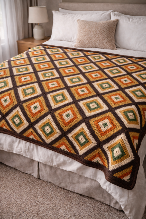 Crochet blanket with a diamond pattern