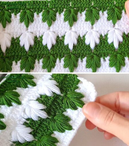 3D crochet leaf stitch border in green and white yarn