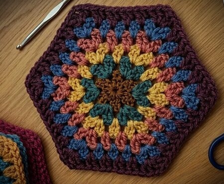 Crochet granny hexagon worked in multiple colors