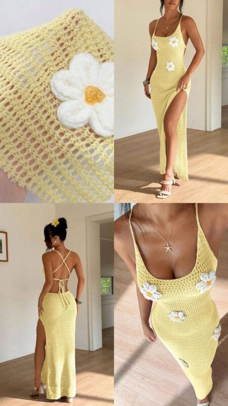 Crochet mermaid dress with floral appliqués