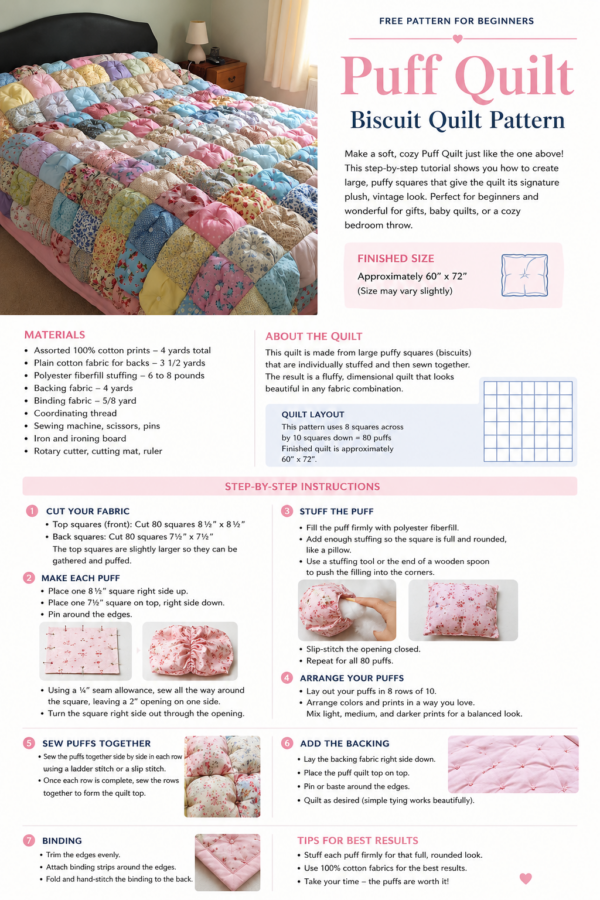 Easy Puff Quilt Pattern for Beginners