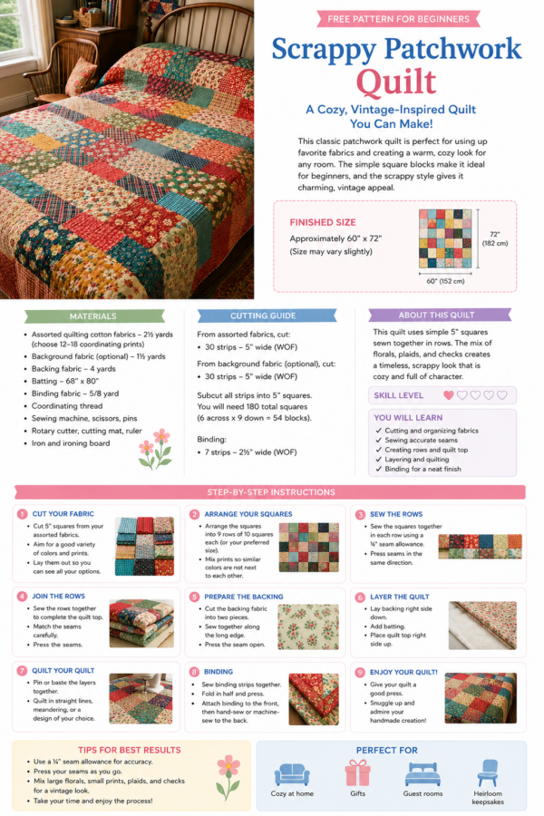 Scrappy Patchwork Quilt Pattern for Beginners